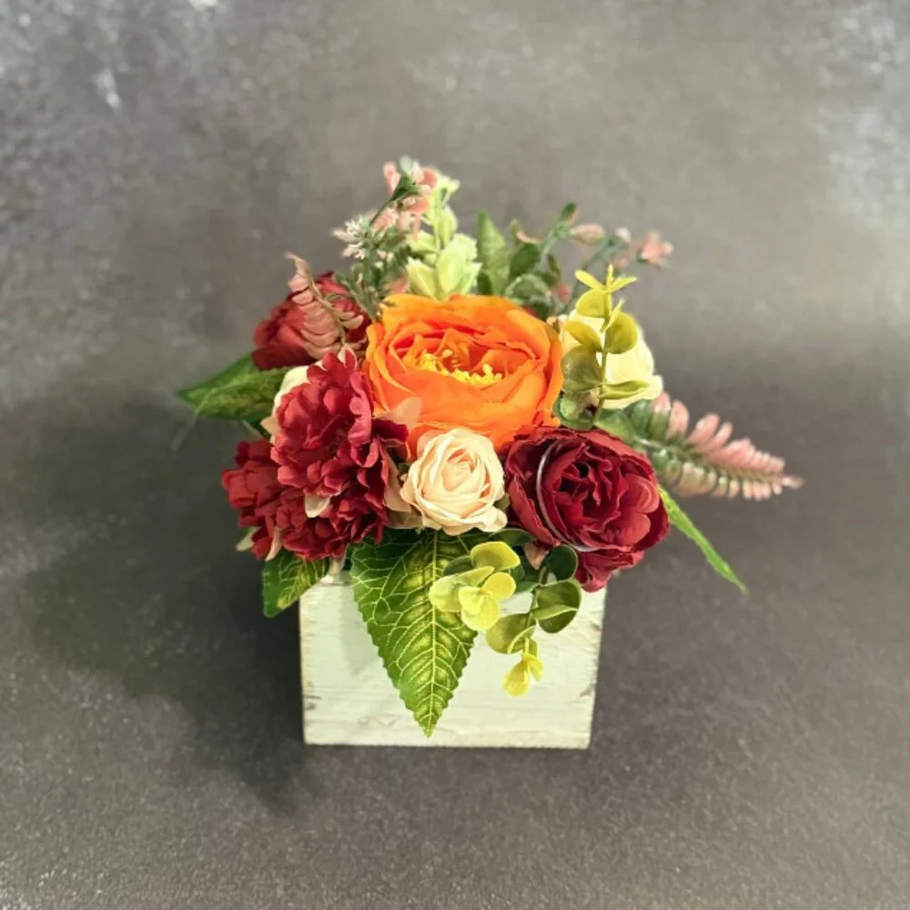 Fall Faux Floral Arrangement in Rustic Wooden Box – Home or Office Decor